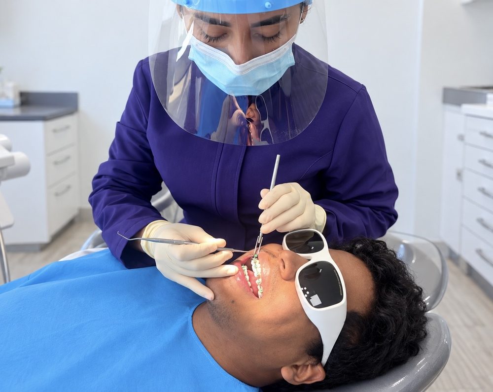 Odontóloga atendiendo a un paciente con brackets, con protector facial y gafas de protección