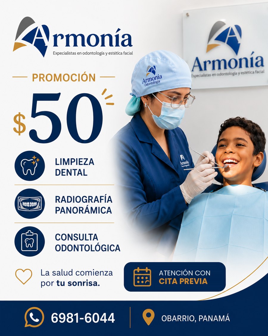 Promoción de $50 con limpieza dental, radiografía panorámica y consulta odontológica. Atención con cita previa en Obarrio, Panamá.