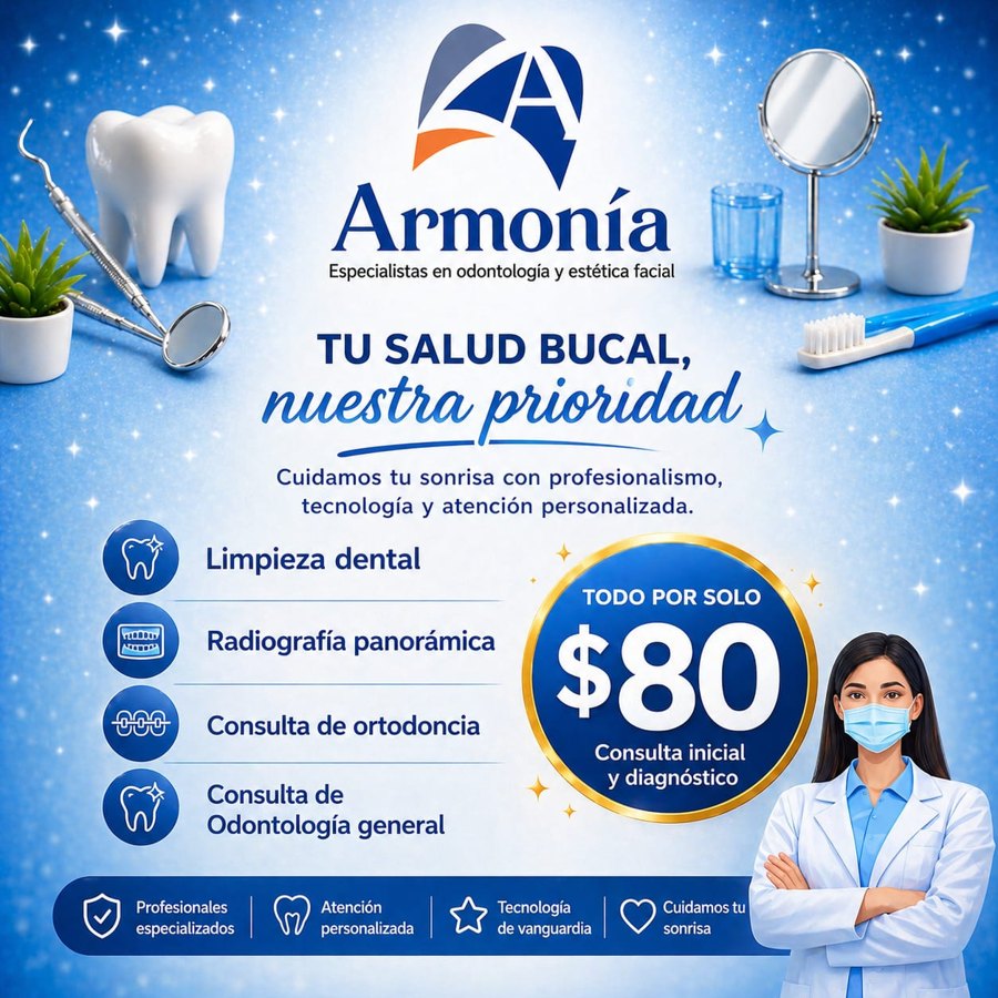 Todo por solo $80: consulta inicial y diagnóstico con limpieza dental, radiografía panorámica, consulta de ortodoncia y consulta de odontología general.
